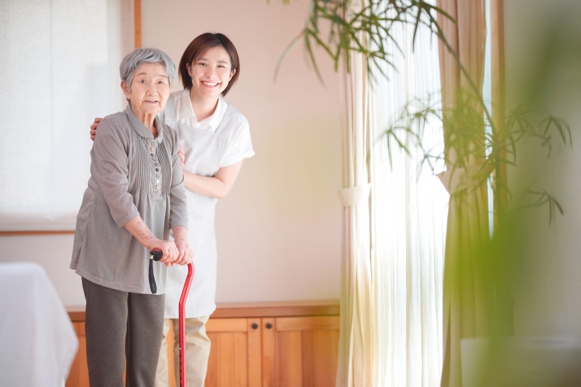 高齢者の歩行を手伝うヘルパー