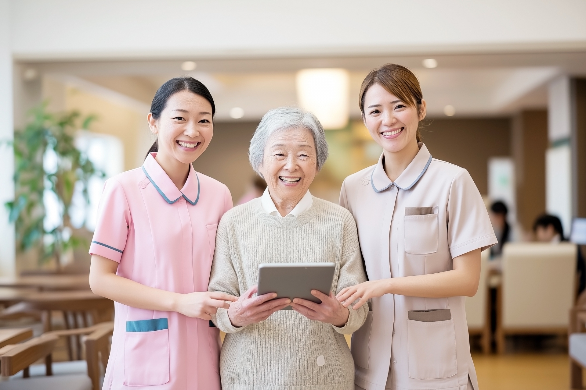 タブレットを持つ高齢者