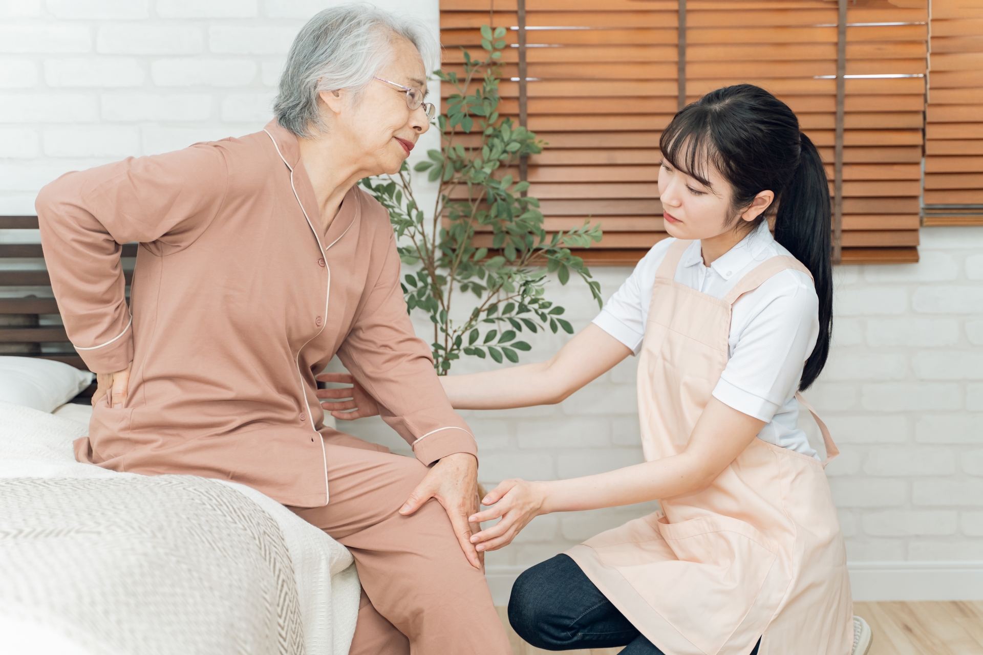 痛がる高齢者女性とエプロン姿の女性（腰痛）