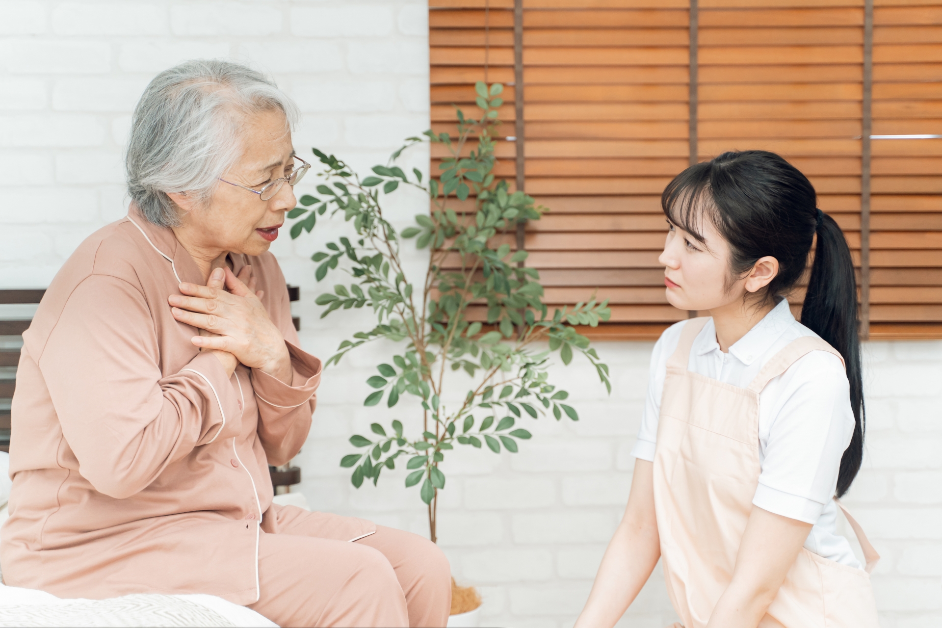 痛がる高齢者女性とエプロン姿の女性（胸）