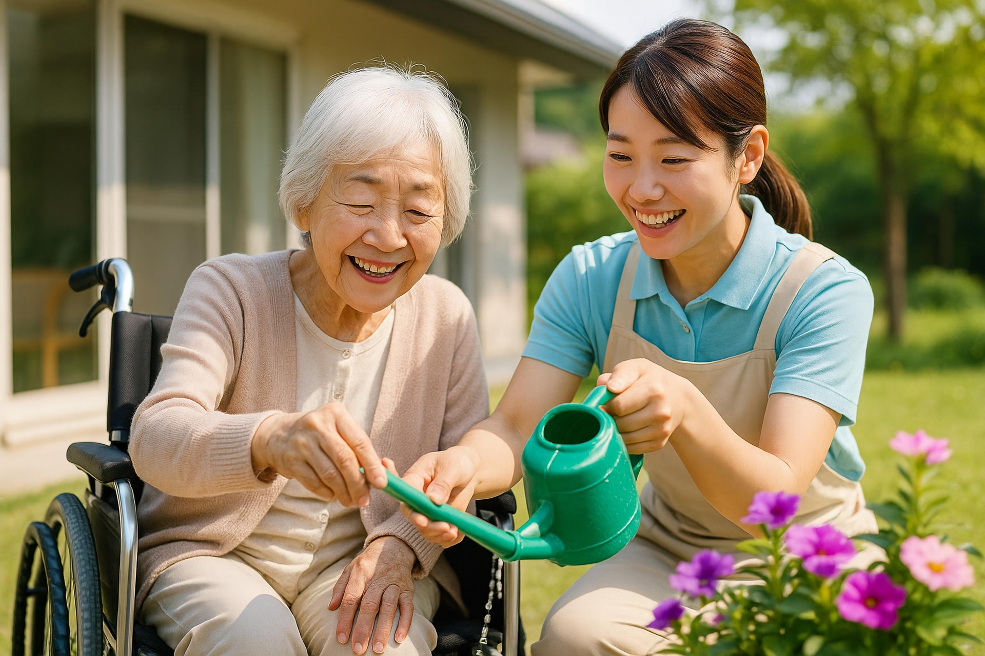 花に水やりする介護士