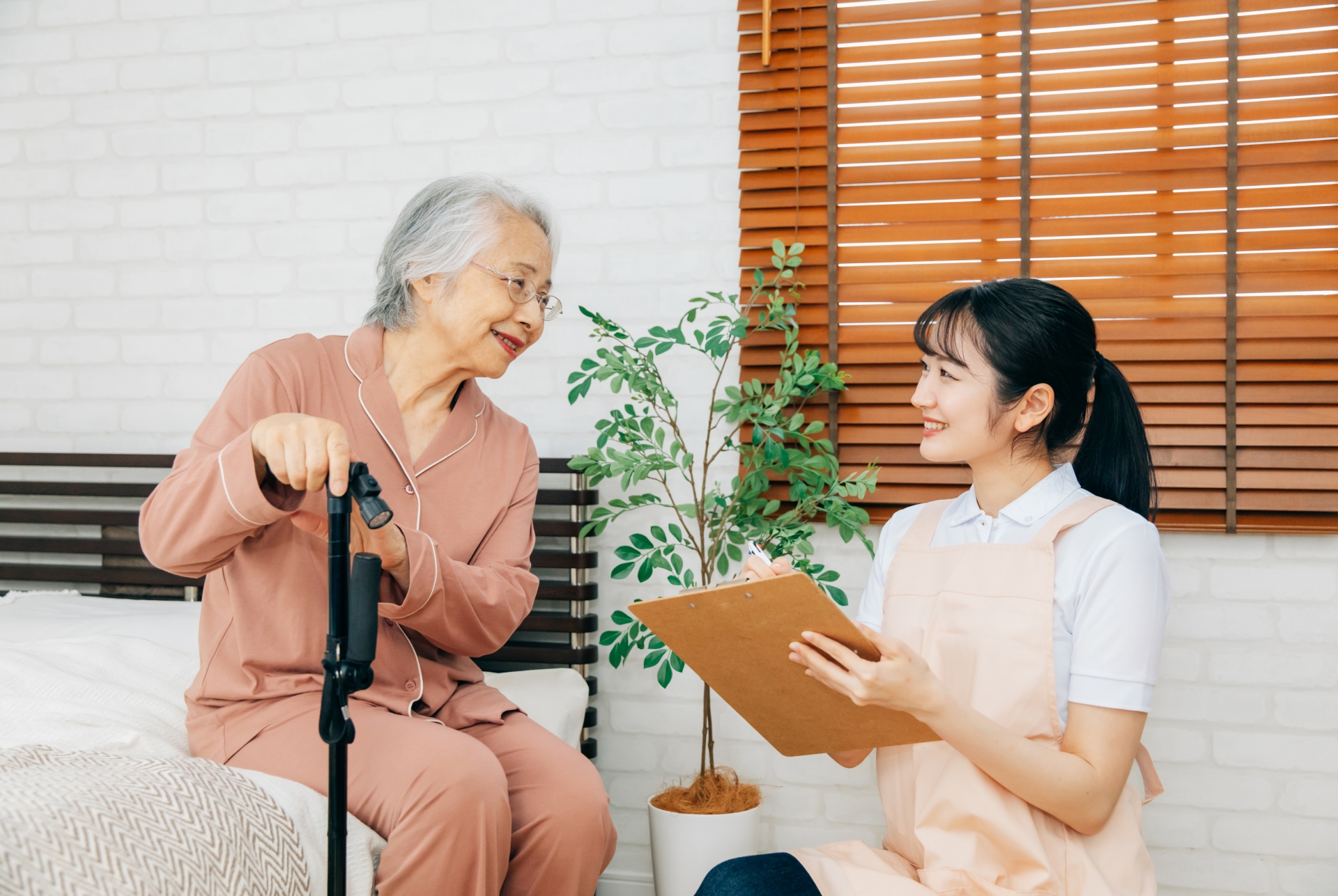 高齢者のカウンセリングをする女性（杖）