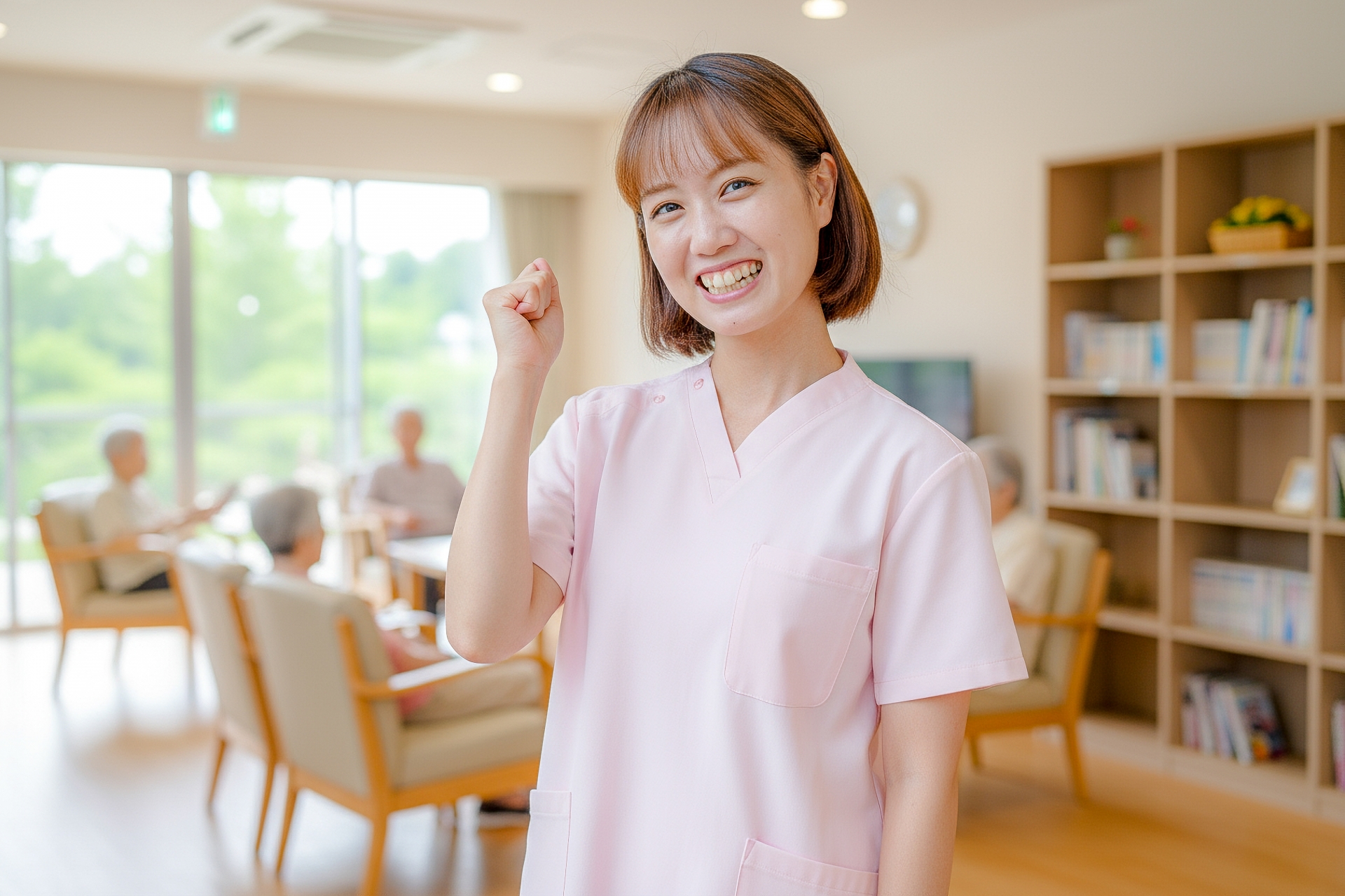 ガッツポーズをする女性介護士