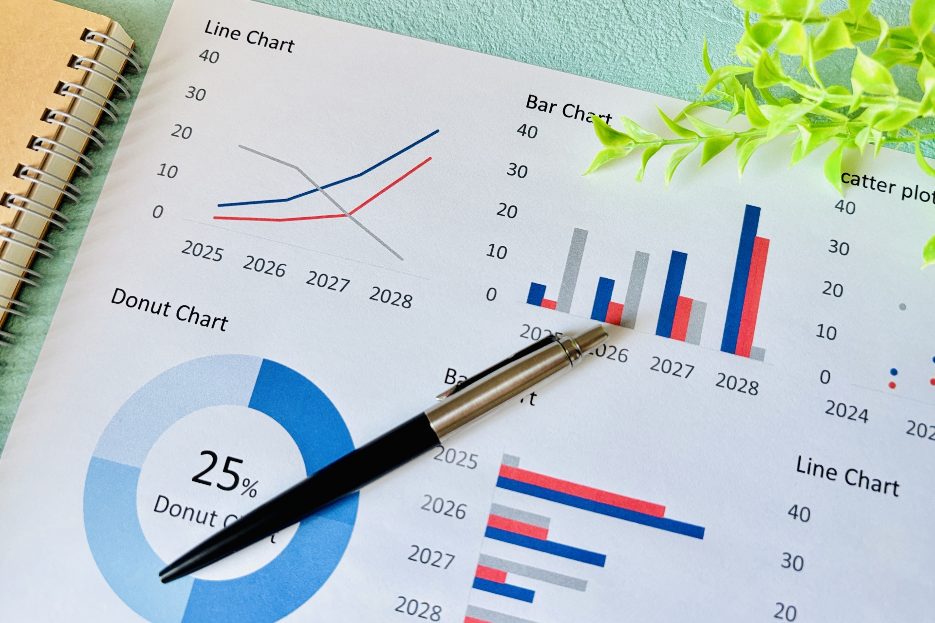 ビジネスのグラフ資料とペン