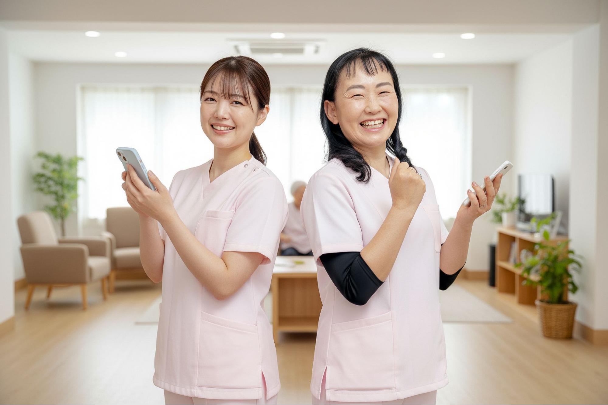 スマホを持つ2名の女性介護士