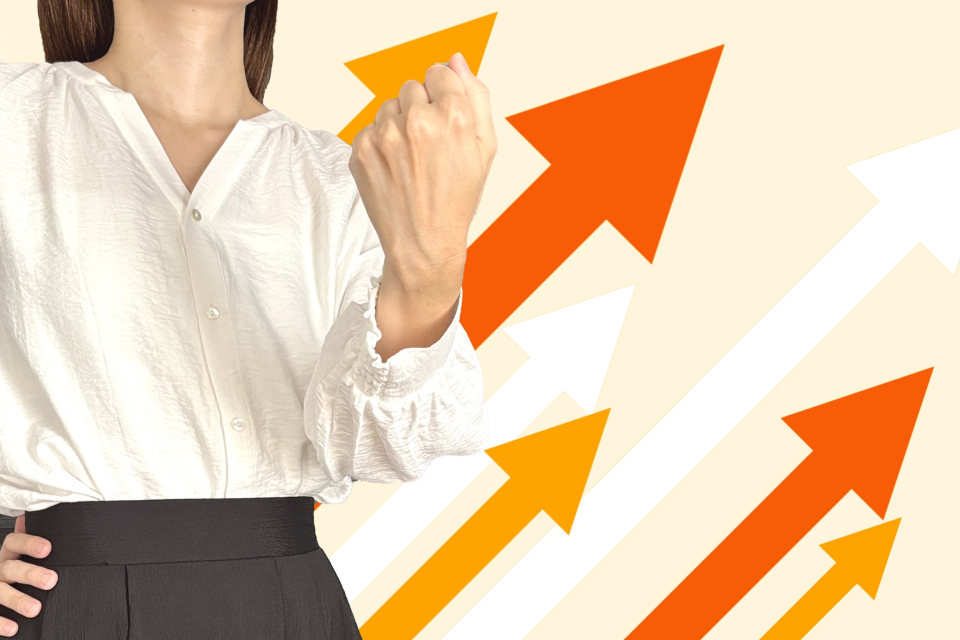 ガッツポーズと上昇矢印と女性