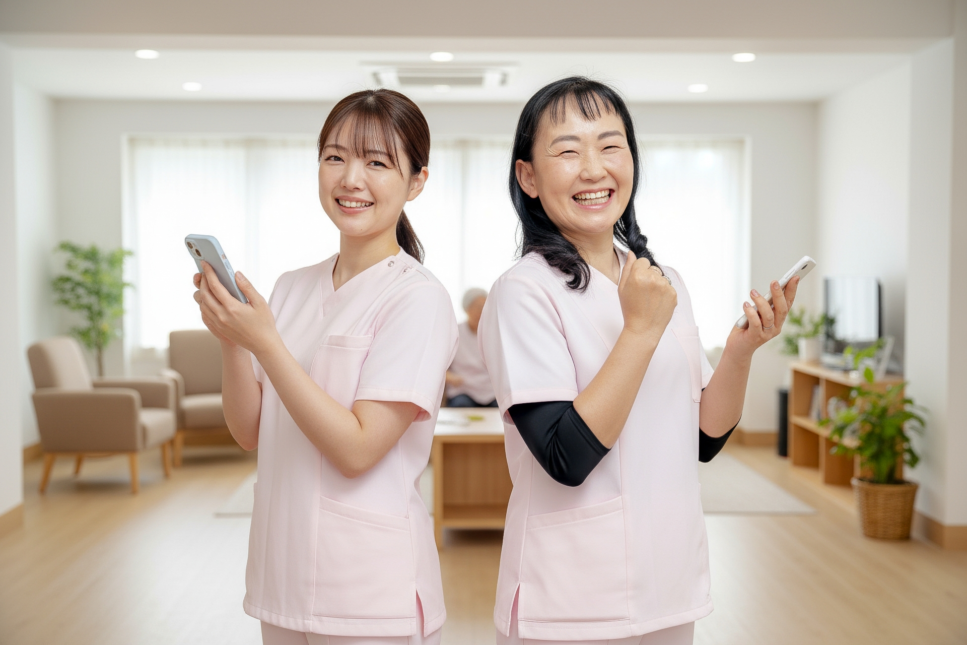 スマホを持つ笑顔の女性介護士2名