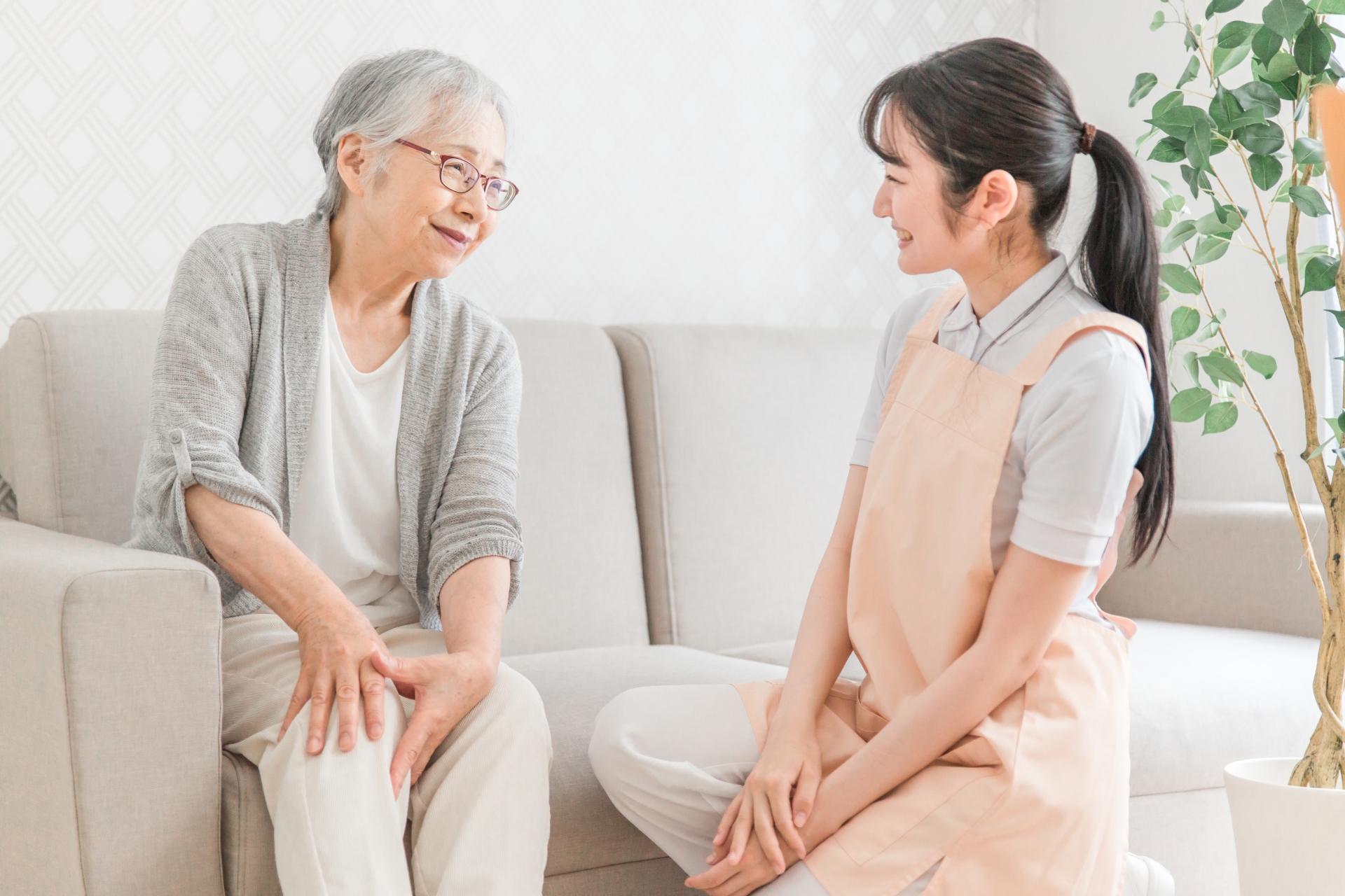 高齢女性と若い介護士