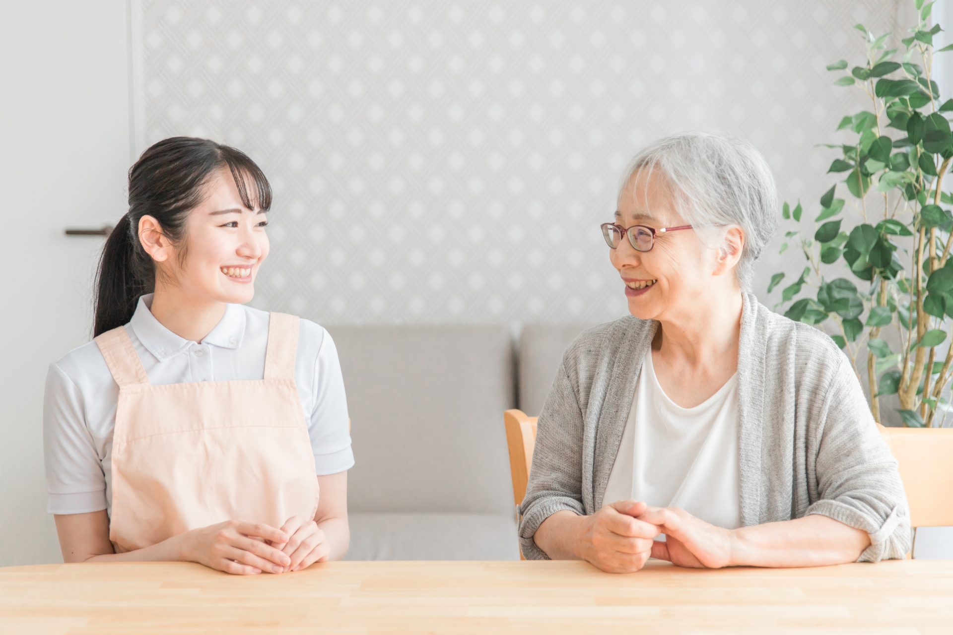 テーブルで話をするエプロンの女性と高齢女性