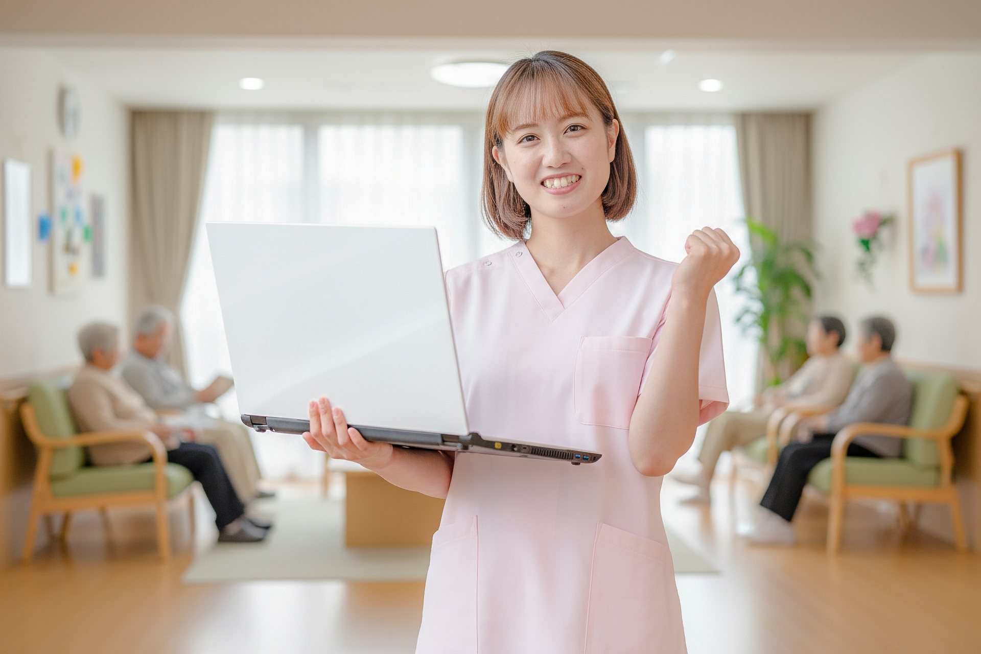 ガッツポーズをする女性