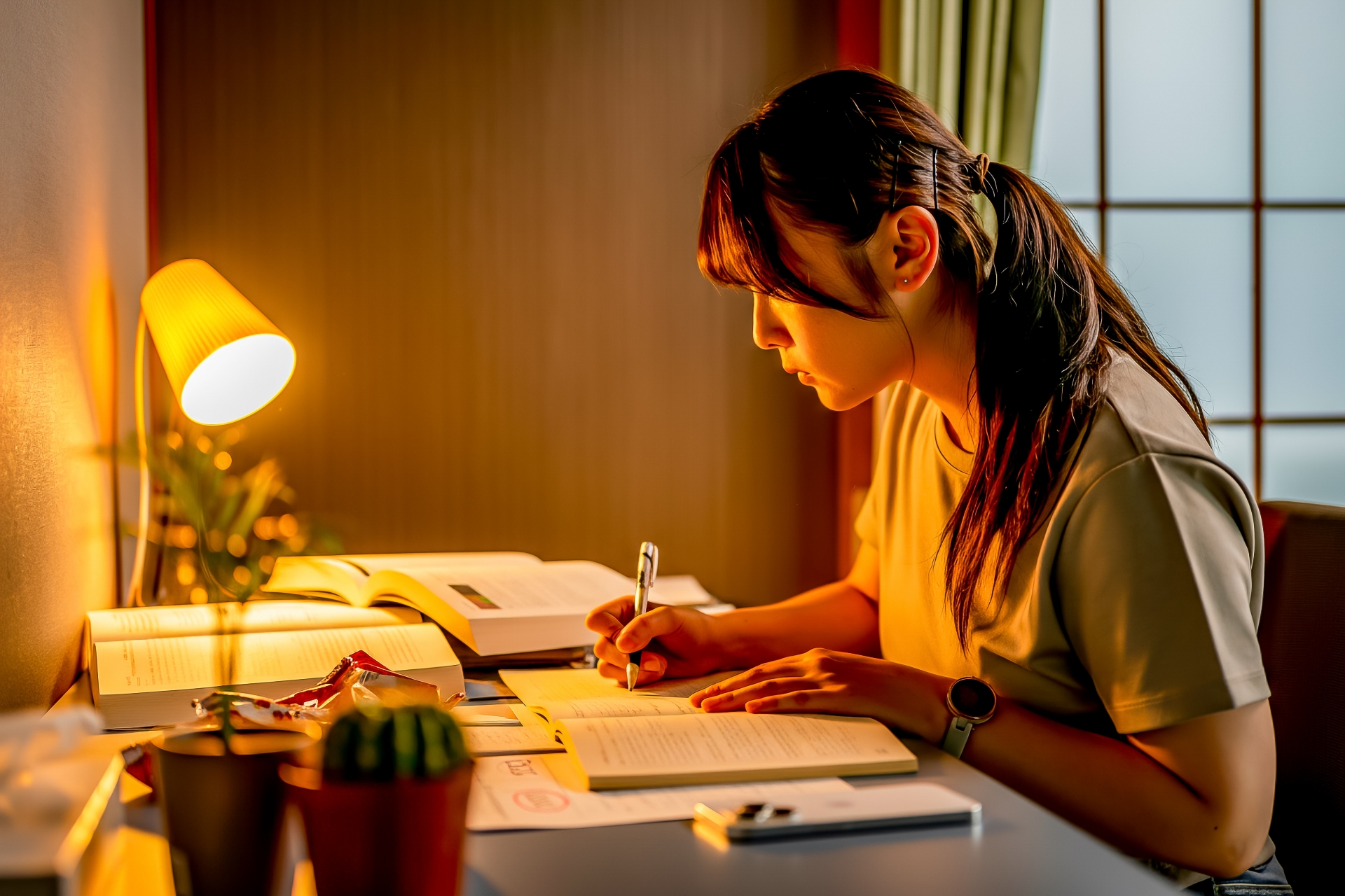 夜遅くまで勉強する女性
