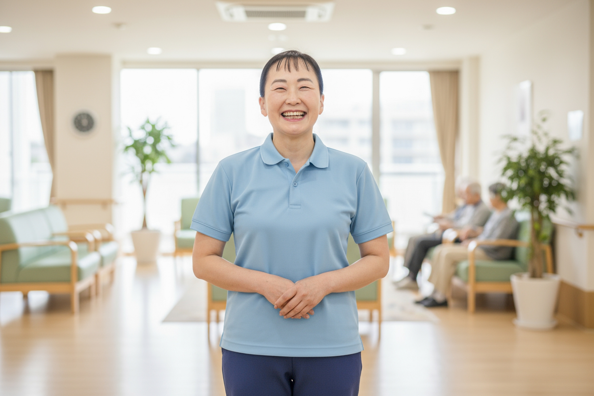 体の前で手を組む笑顔の介護士