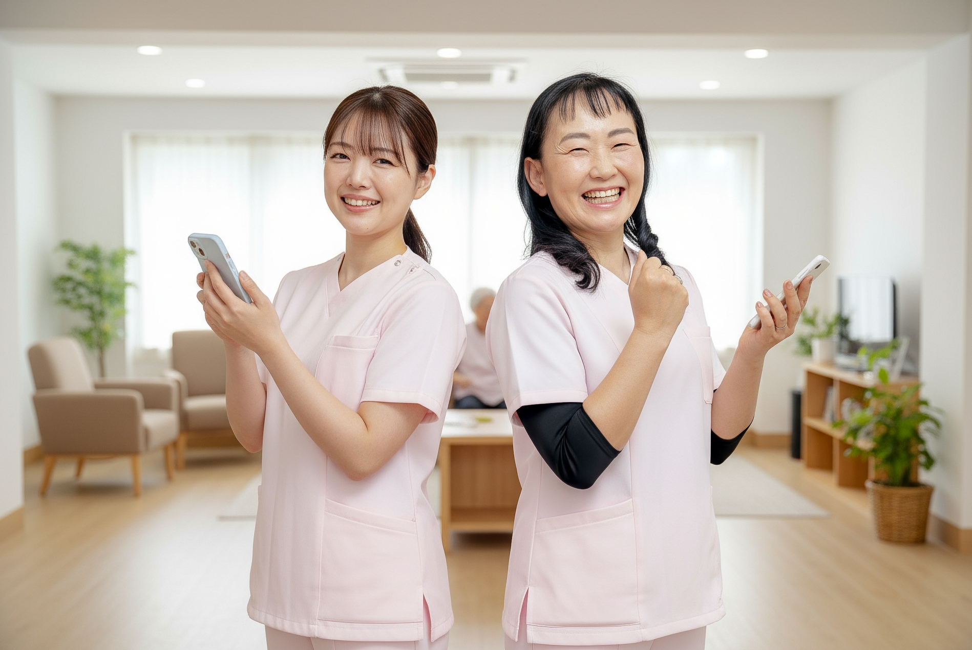 スマホを手に持つ笑顔の介護士たち