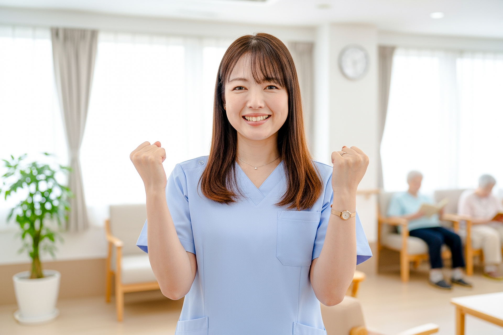 ガッツポーズをする介護士
