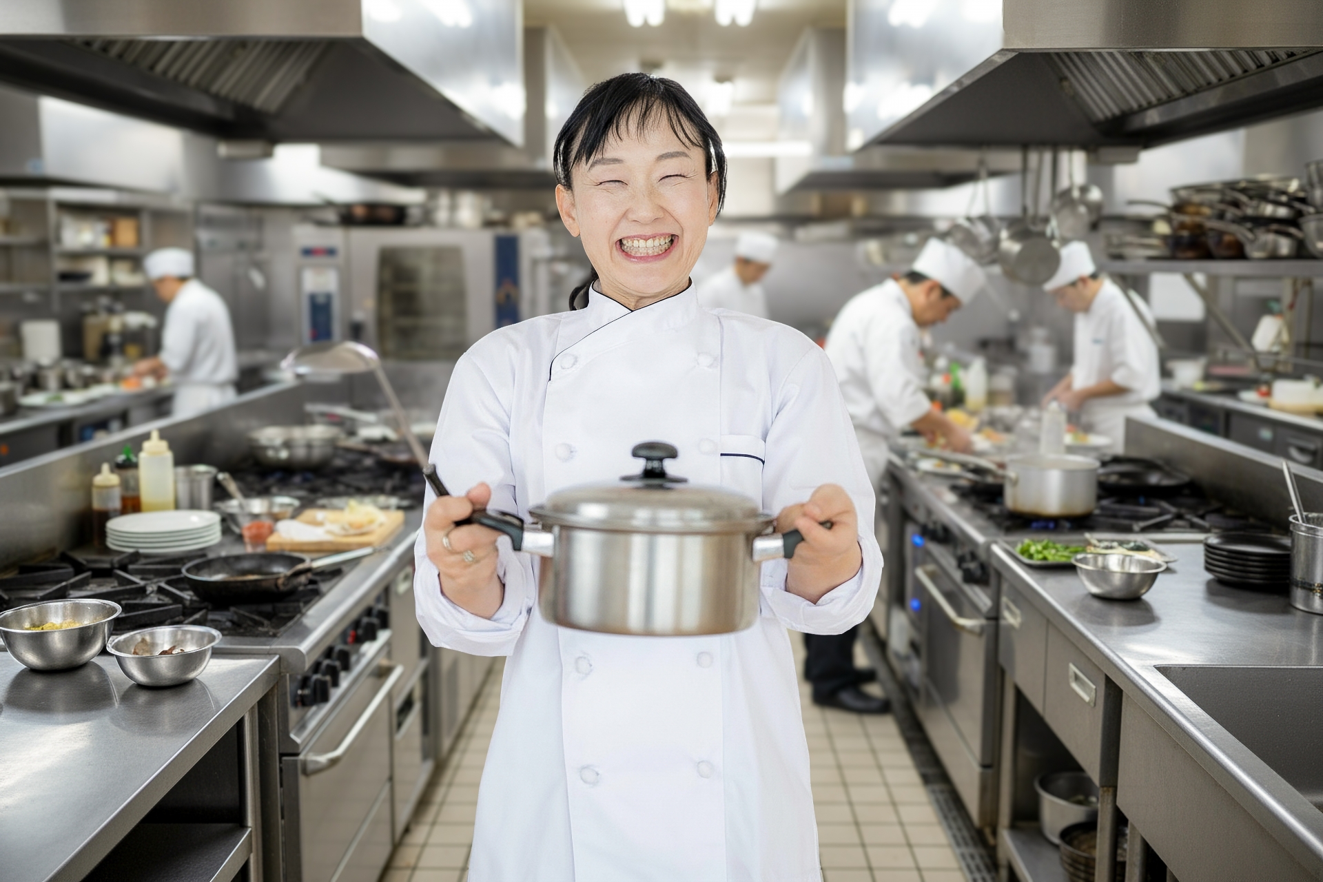 鍋をもった笑顔の女性料理人