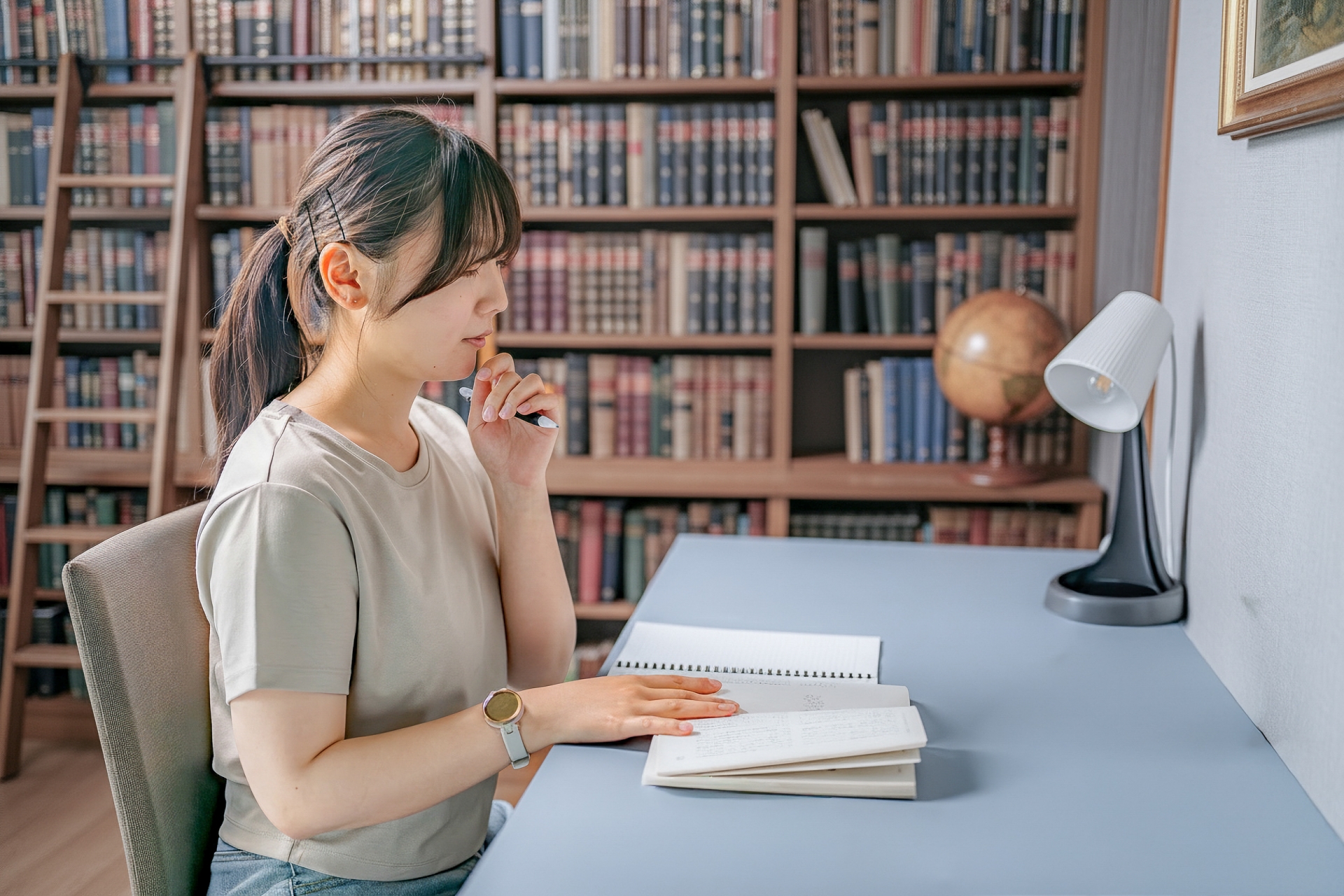 書斎で本を読む女性