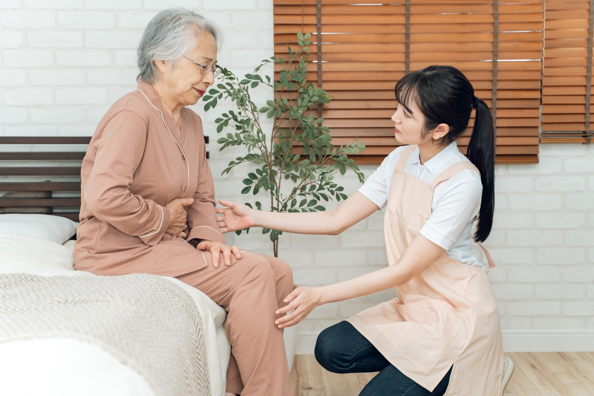 痛がる高齢者女性とエプロン姿の女性（腹痛）