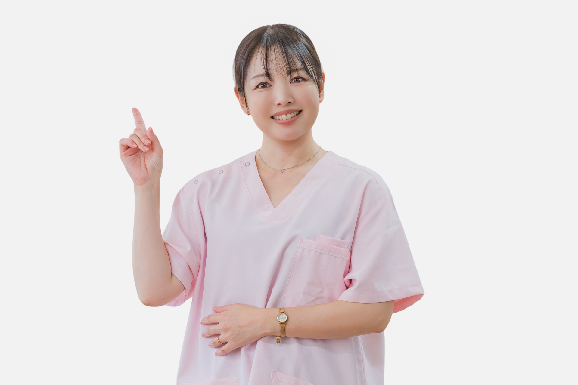 白背景と指差す医療系女性