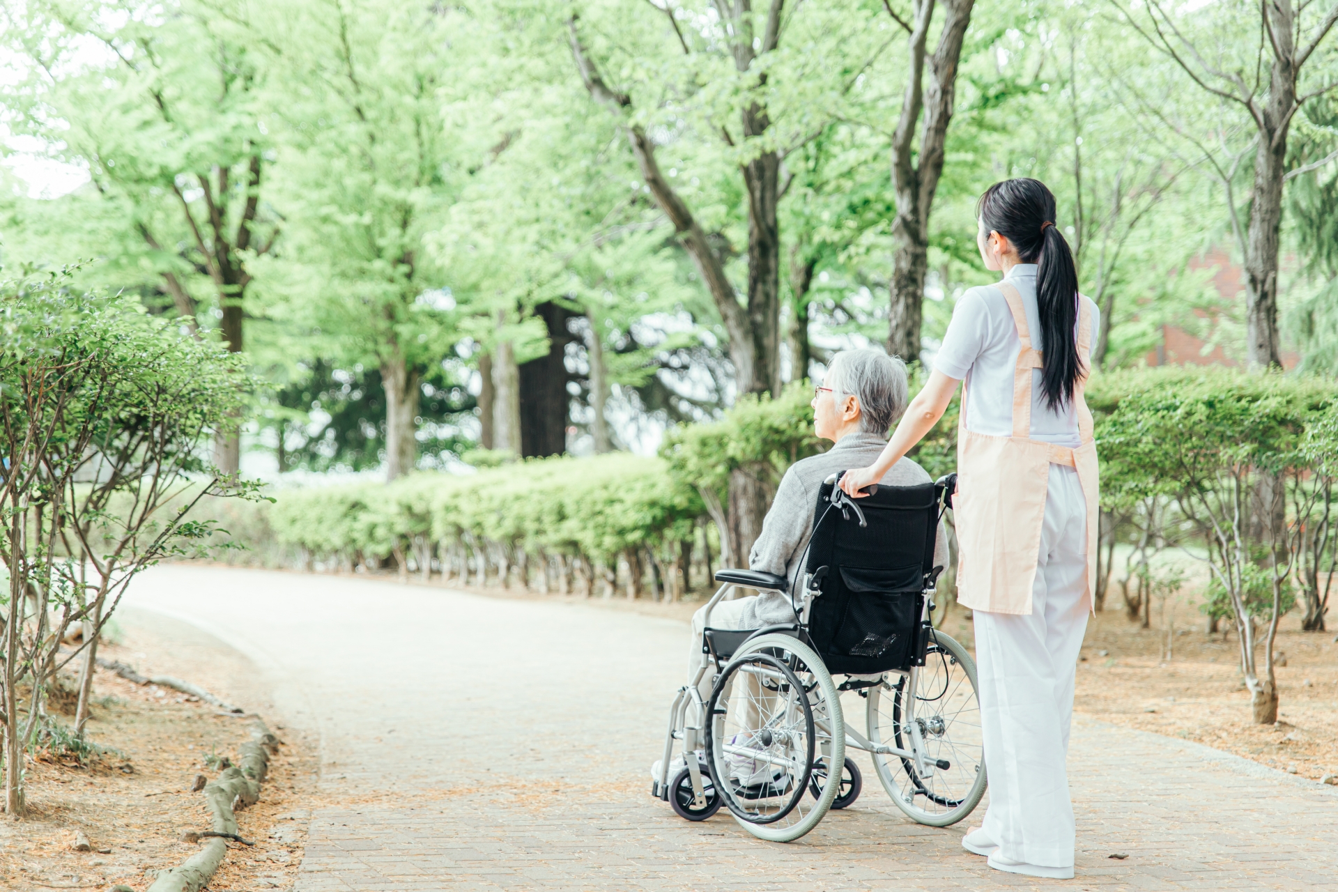 車椅子に乗った高齢者女性と介護士